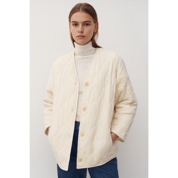 Zara Quilted Jacket Top Cream Cotton Blend Oversized Boho S-M Cold Weather 62-36 - Picture 1 of 12